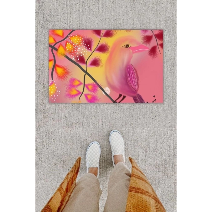 Dijital Baskı Dekoratif Kuş Fuşya Kapı Önü Paspası K-1220