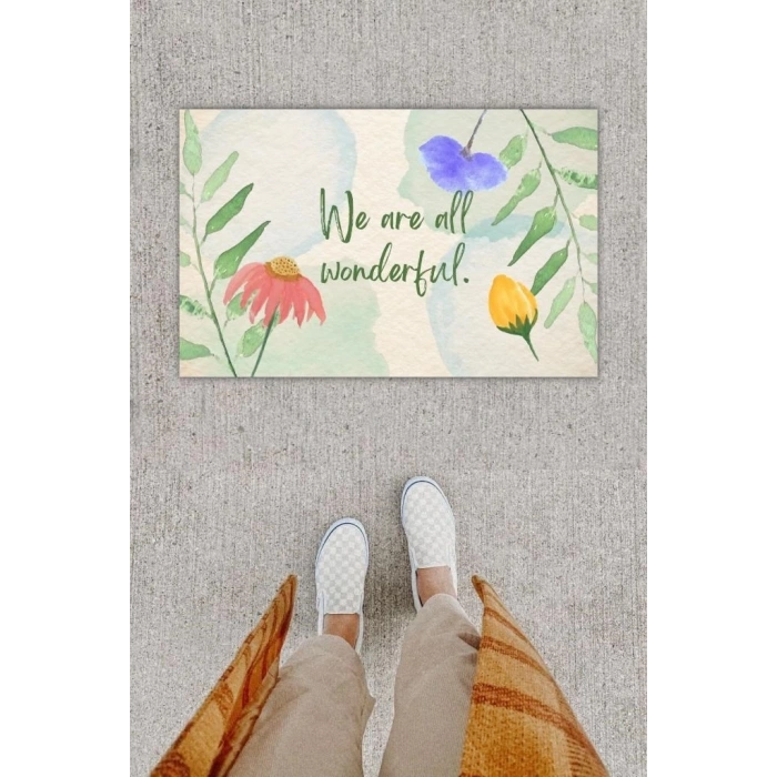 Dijital Baskı Dekoratif lü Çiçek Mavi Kapı Önü Paspası K-1225