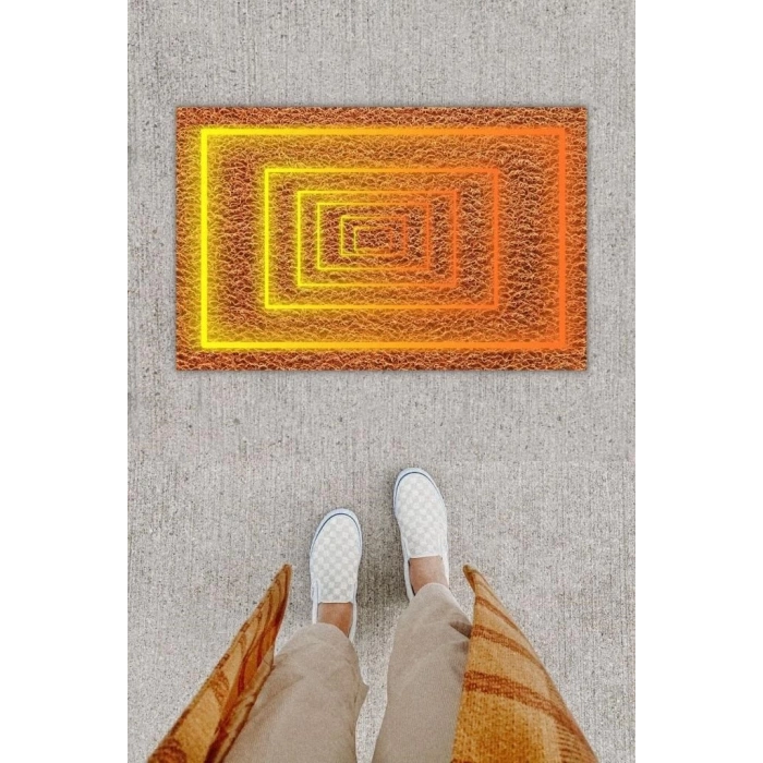 Dijital Baskı Dekoratif Şerit Kahverengi Kapı Önü Paspası K-1244