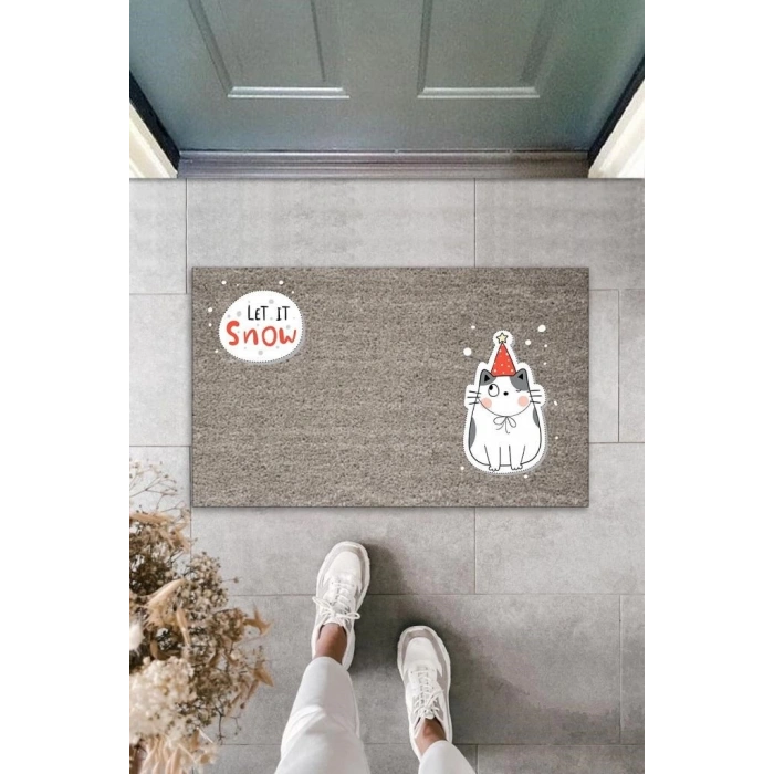 Dijital Baskı Gri Let It Snow Kukuletalı Kedi Dekoratif Kapı Paspası K-2058