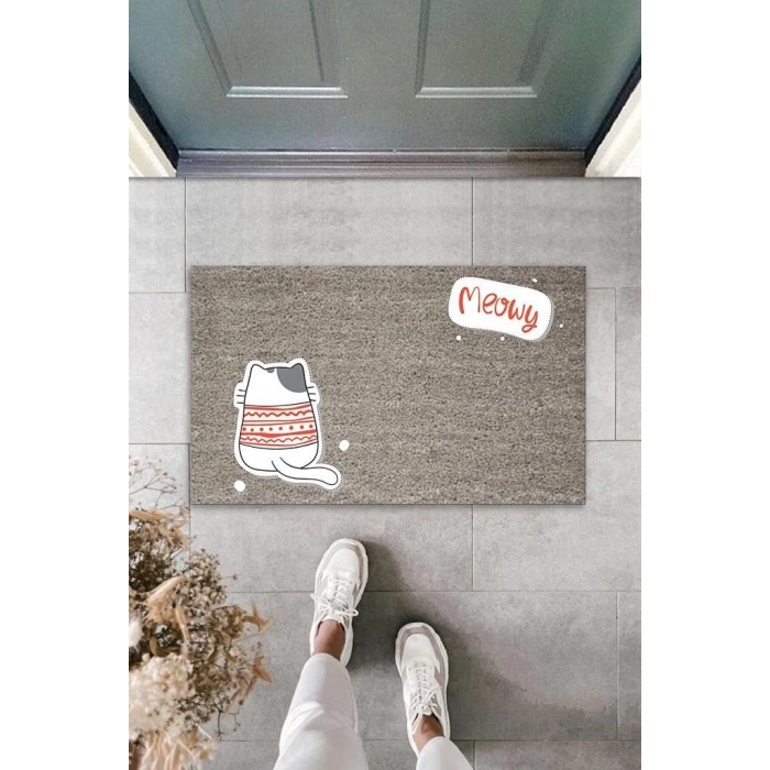 Dijital Baskı Gri Meowy Yazılı Arkasını Dönmüş Kazaklı Kedi Dekoratif Kapı Paspası K-2061