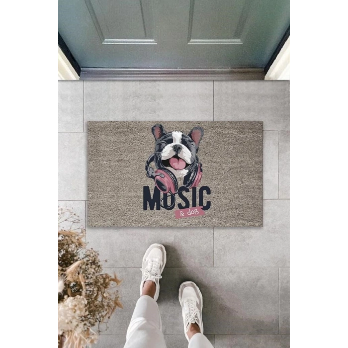 Dijital Baskı Gri Music Yazılı Kulaklıklı Köpek Dekoratif Kapı Paspası K-2043