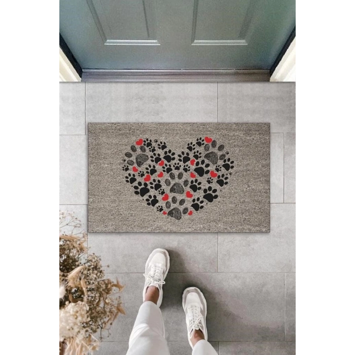 Dijital Baskı Gri Patili Kalp Dekoratif Kapı Paspası K-2045
