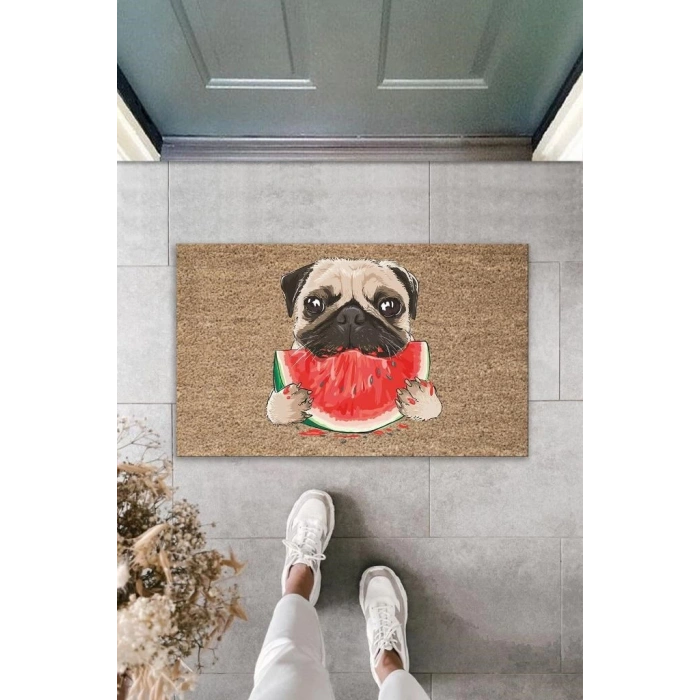 Dijital Baskı Kahverengi Dilim Karpuz Yiyen Köpek Dekoratif Kapı Paspası K-2032