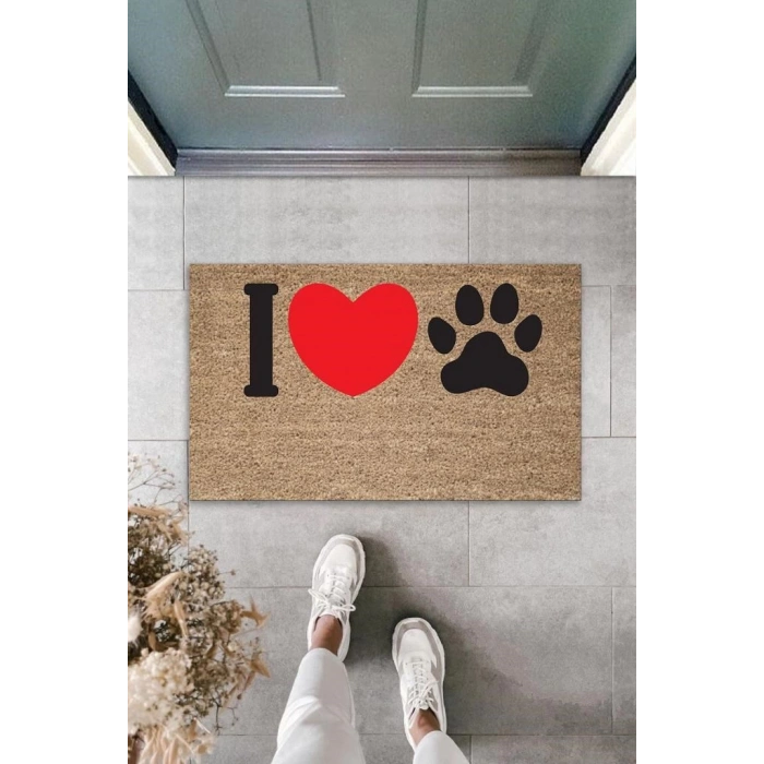 Dijital Baskı Kahverengi Kırmızı Kalpli I Love Pati Dekoratif Kapı Paspası K-2074
