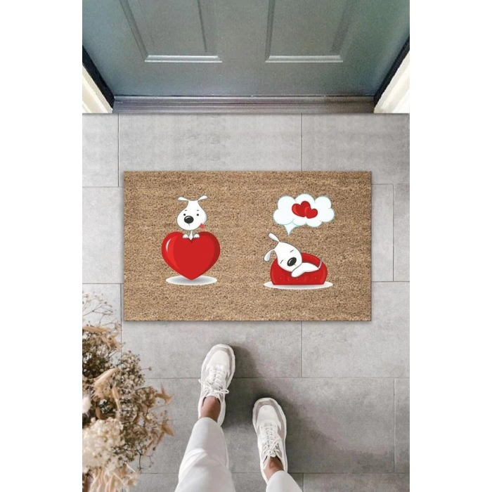 Dijital Baskı Kahverengi Kırmızı Kalpli Rüya Gören Köpekler Dekoratif Kapı Paspası K-2012