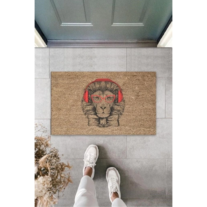 Dijital Baskı Kahverengi Kulaklıklı Aslan Paspas K-3155