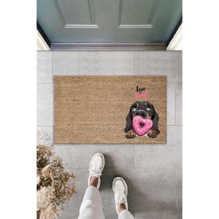 Dijital Baskı Kahverengi Love Sweet Pembe Uzun Kulaklı Köpek Dekoratif Kapı Paspası K-2056
