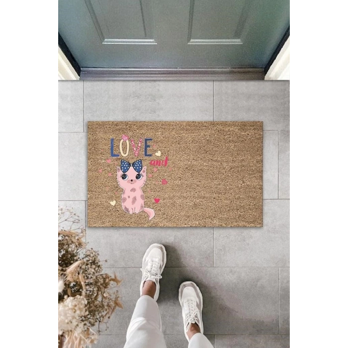 Dijital Baskı Kahverengi Love Yazılı Fiyonklu Pembe Kedili Dekoratif Kapı Paspası K-2020