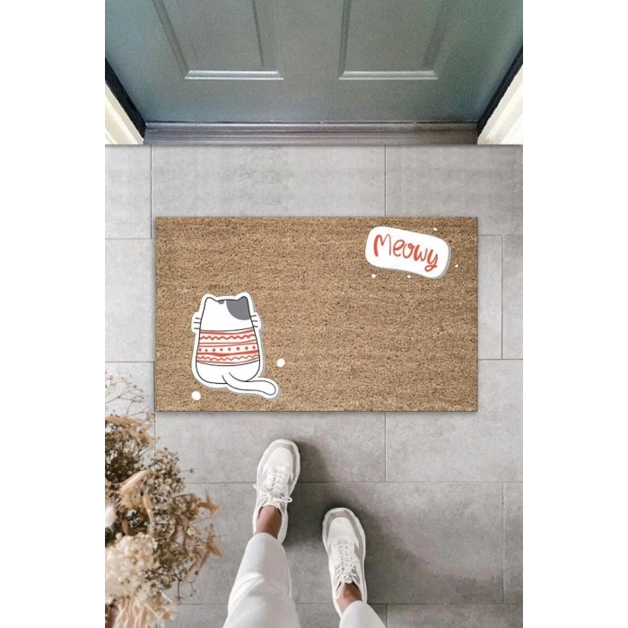 Dijital Baskı Kahverengi Meowy Yazılı Arkasını Dönmüş Kazaklı Kedi Kapı Paspası K-2060