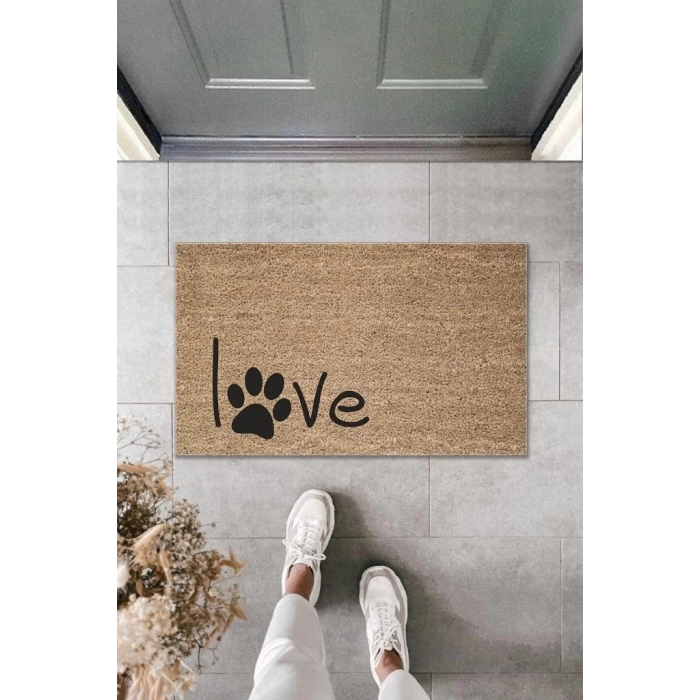 Dijital Baskı Kahverengi Siyah Patili Love Dekoratif Kapı Paspası K-2009