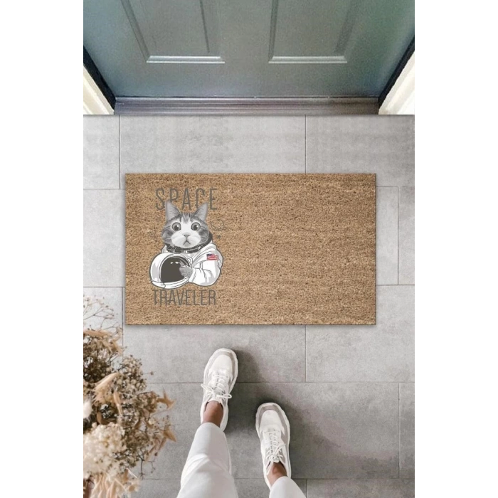 Dijital Baskı Kahverengi Space Traveler Astronot Kedi Dekoratif Kapı Paspası K-2034