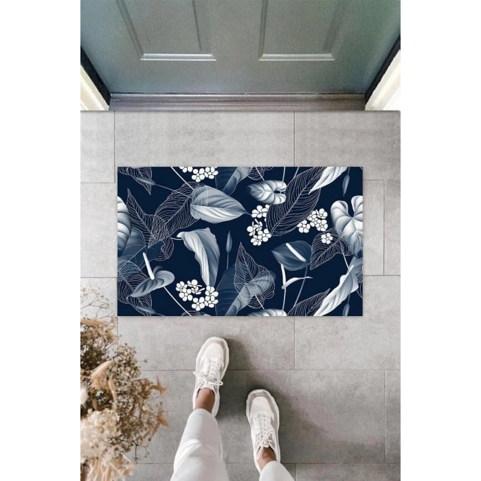 Dijital Baskı Lacivert Yaprak Paspas K-3098