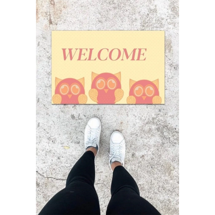 Dijital Baskı Pembe Üç Baykuş Desen Kapı Önü Paspası K-1032