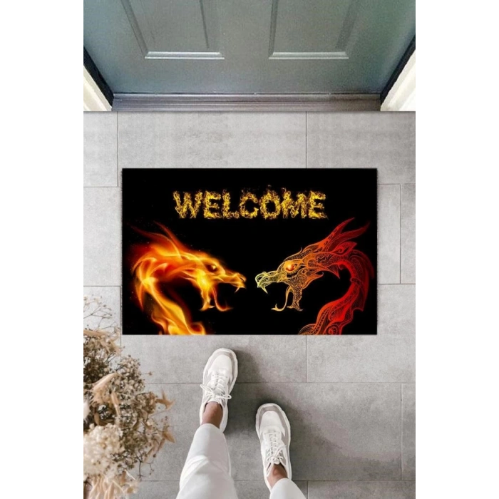 Dijital Baskı Siyah Welcome Ejderha Paspas K-2110