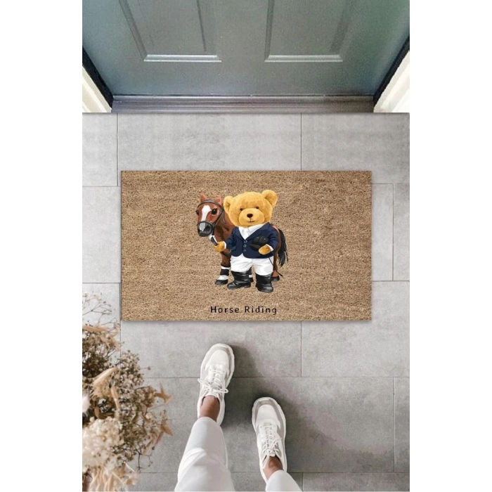 Dijital Horse Riding Ayıcık Bej Kapı Paspası Dış Mekan Paspas K-3184
