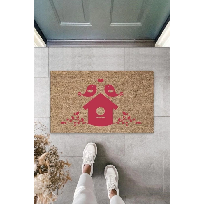 Kahverengi Kapı Önü Paspası Kuş Evi Desen  K-3218