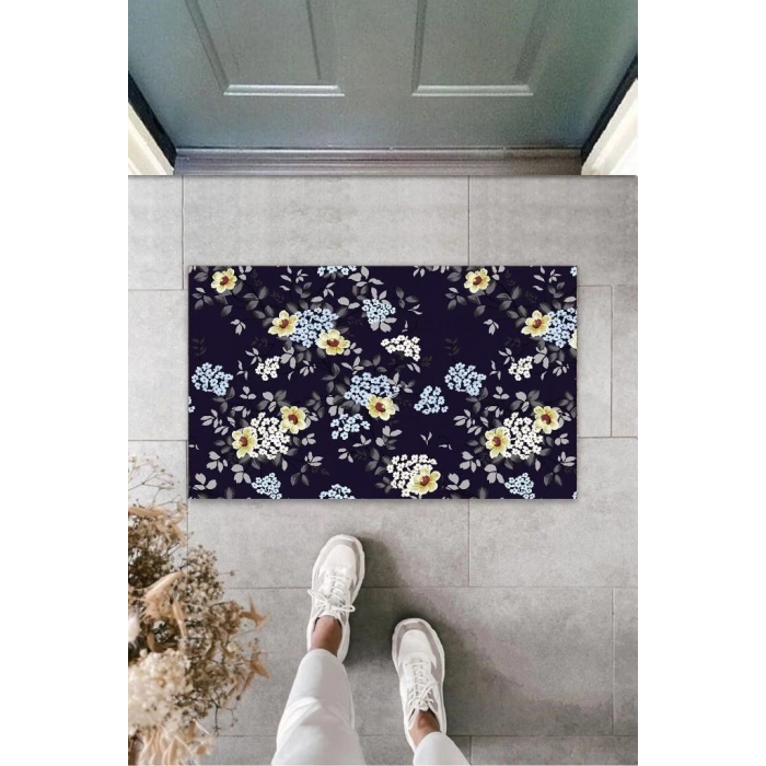 Lacivert Kapı Önü Paspası Minik Çiçekler Desen  K-3249