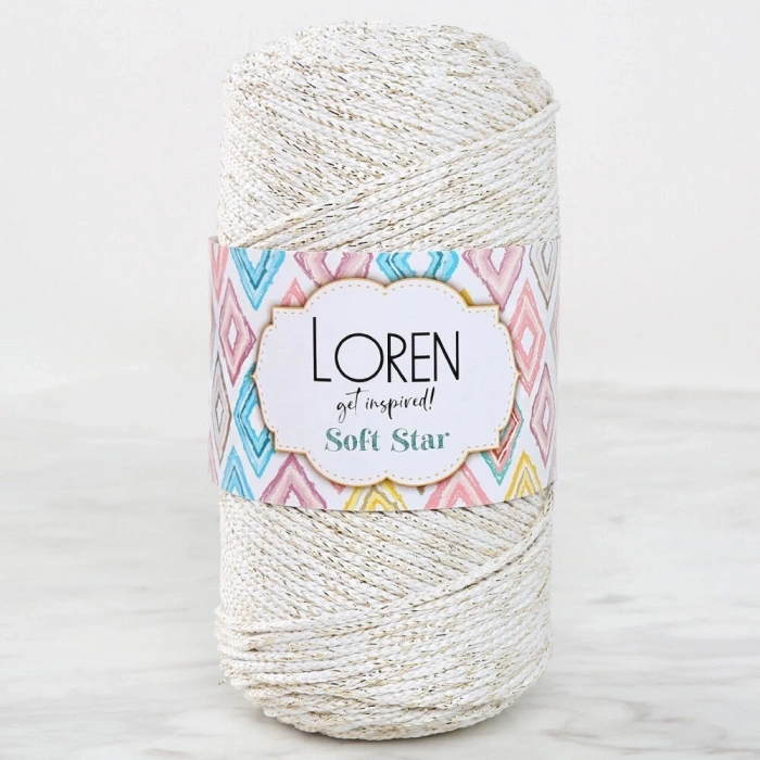 Loren Soft Star Makrome İpi Sarı Simli Krem RM103