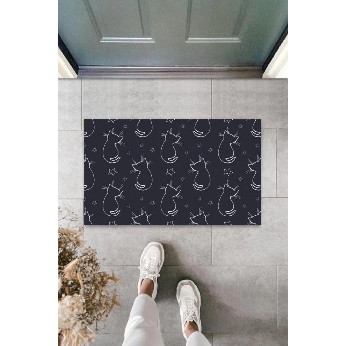Siyah Kapı Önü Paspası Yıldızlı Kediler Desen  K-3307