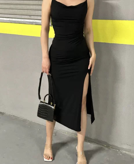 Askılı Sandy Yırtmaçlı Elbise