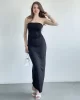 Straplez Büzgülü Uzun Elbise