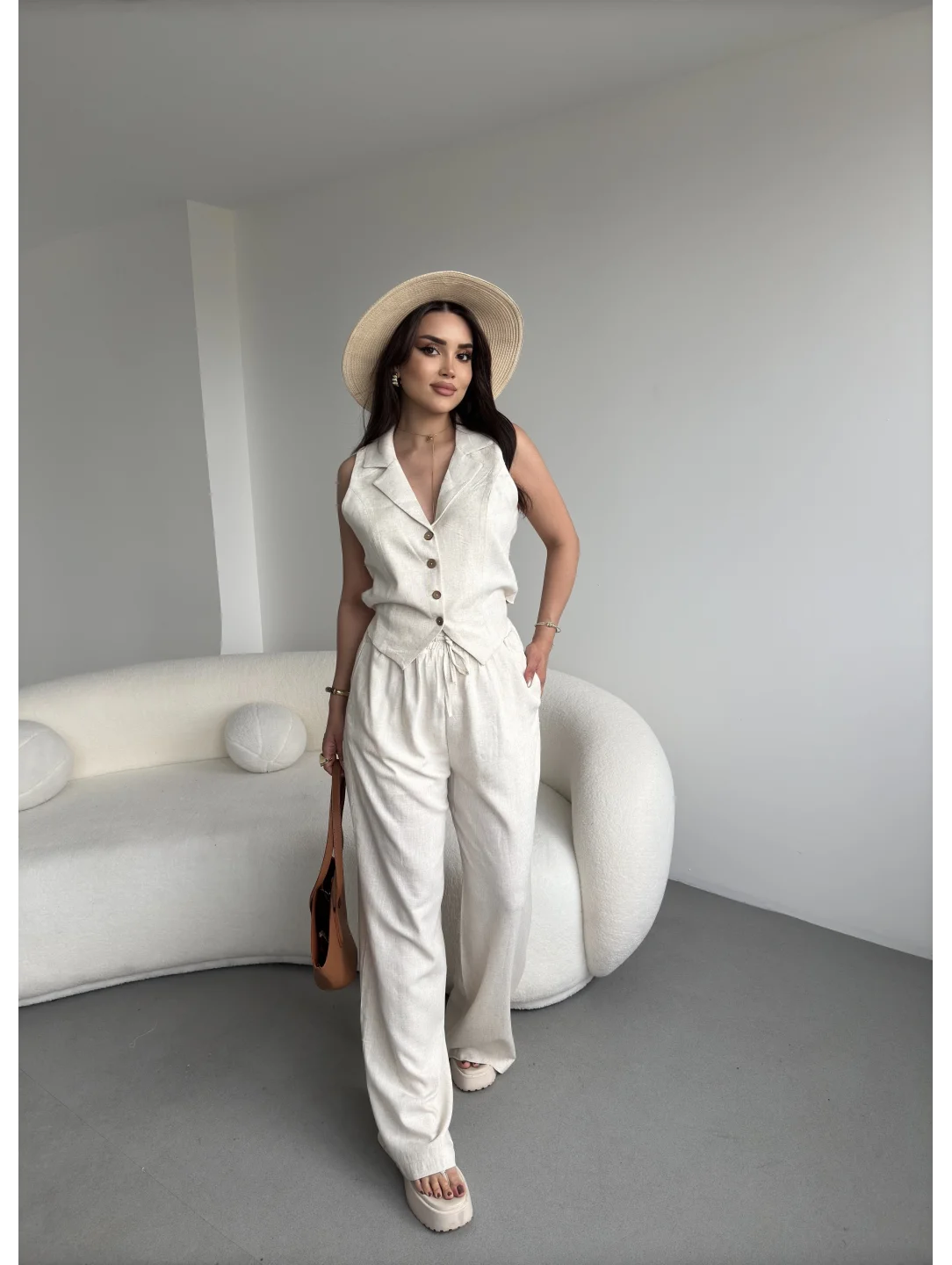 Keten Yelek Pantolon Takım