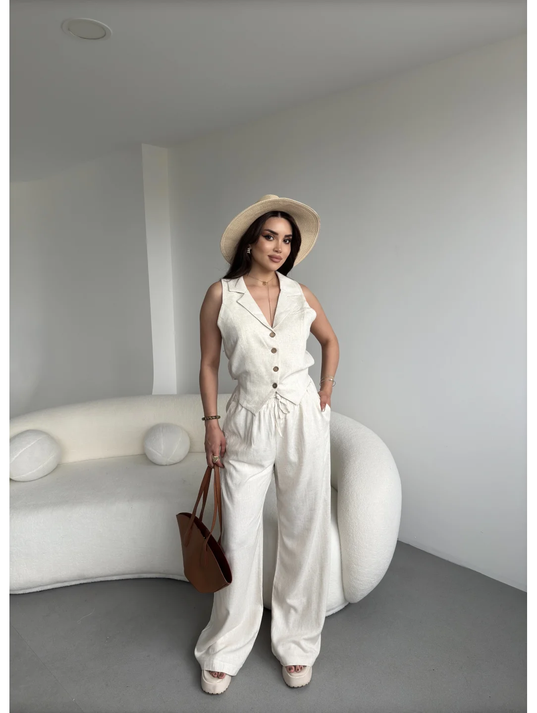 Keten Yelek Pantolon Takım