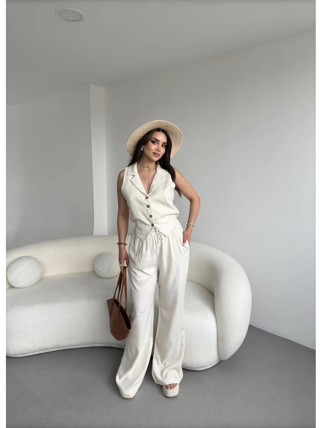 Keten Yelek Pantolon Takım