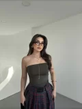 Yan Büzgü Straplez Crop
