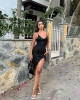 Uzun Saten Yırtmaçlı Elbise