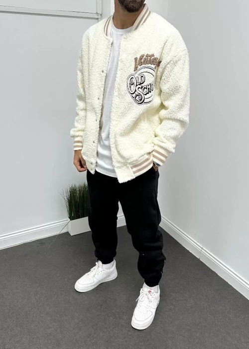 Krem Oversize Peluş Kolej Ceket
