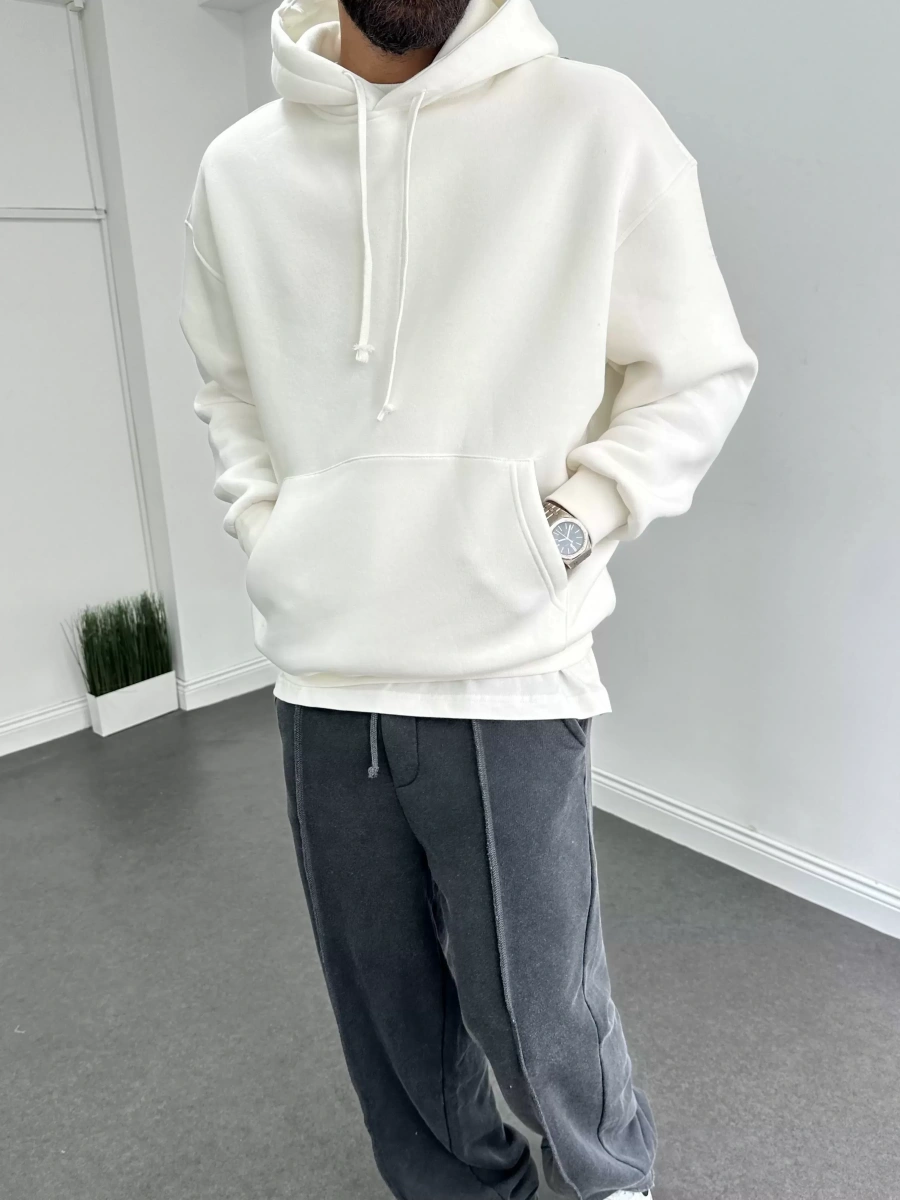 Beyaz Oversize Basic Kapişonlu Sweat