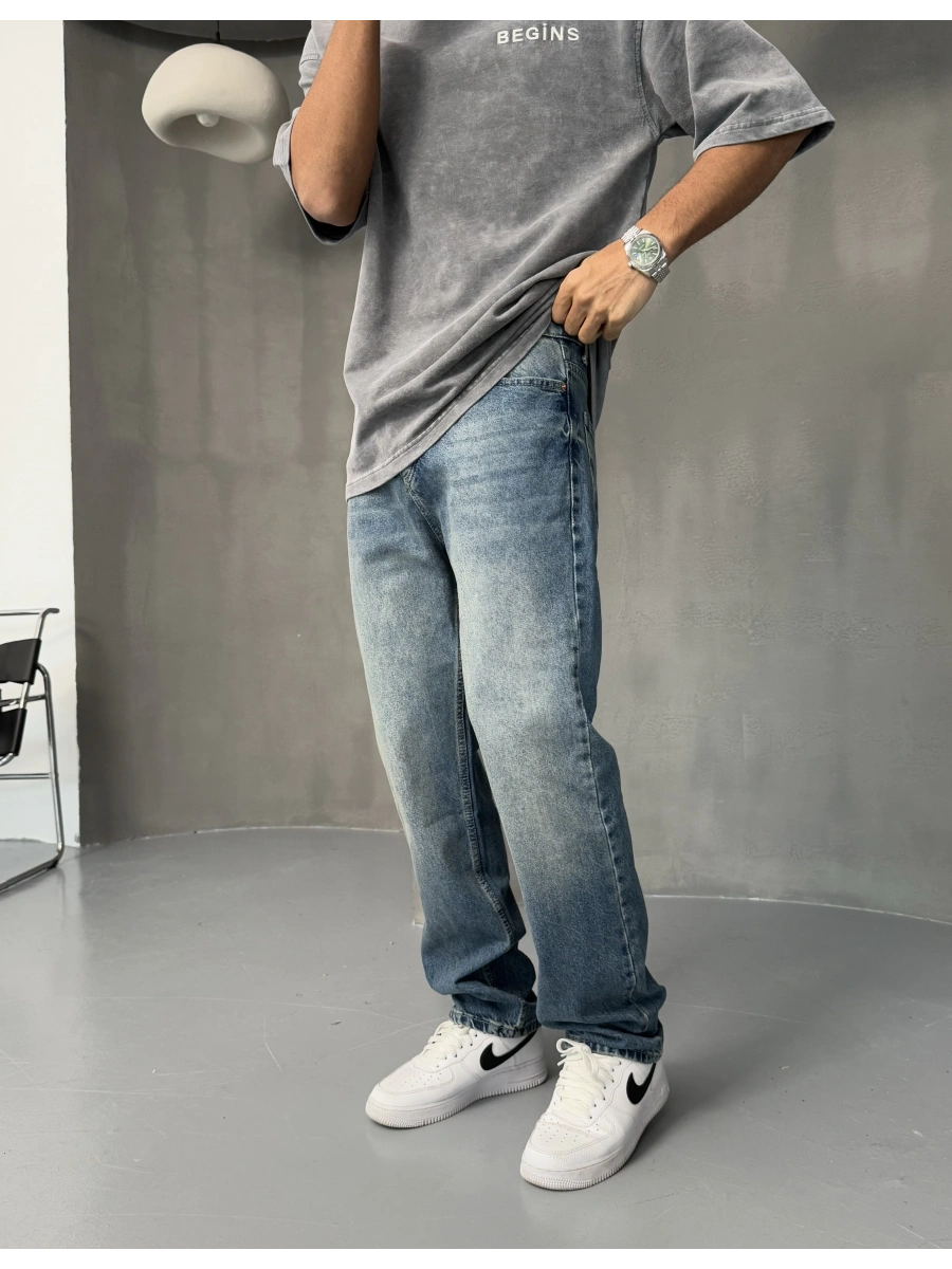 Mavi Taşlanmış Baggy Jean