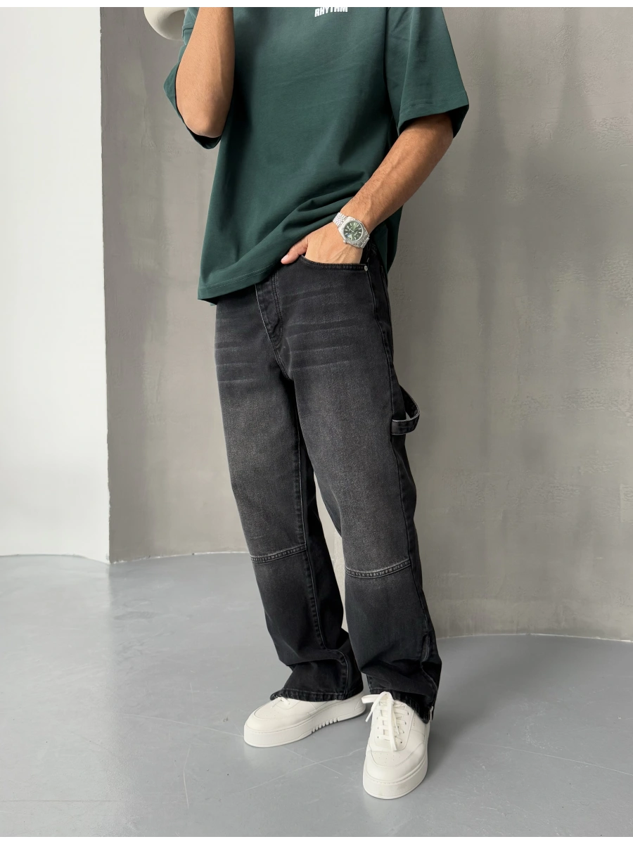 Antrasit Eskitme Paça Fermuar Baggy Jean