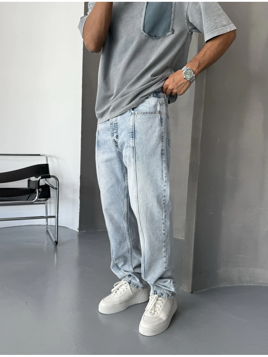 Buz Mavi Yıkamalı Çizgi Detay Baggy Jean