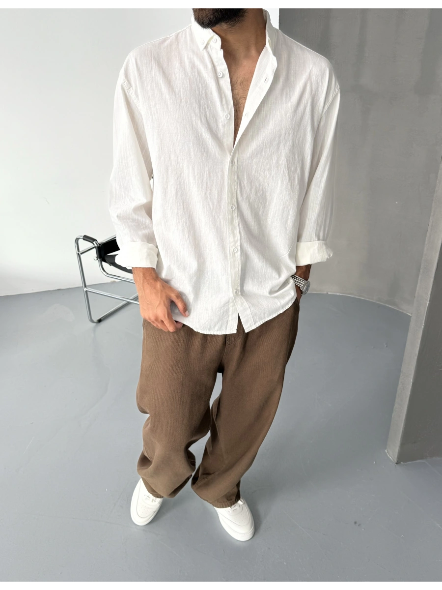 Beyaz Fresh Keten Oversize Gömlek