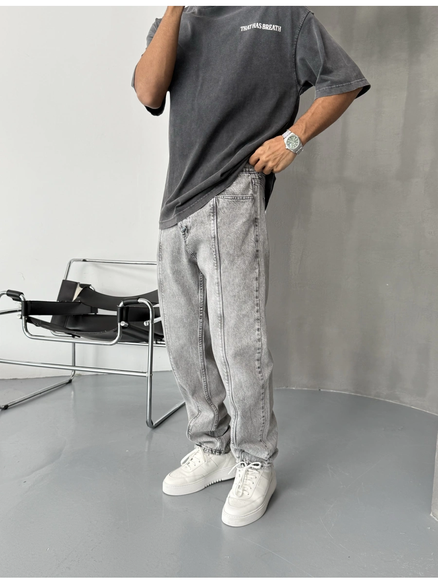 Gri Çizgi Detay Baggy Jean