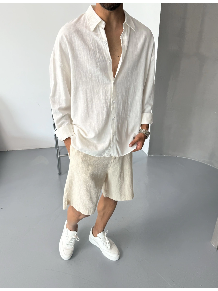 Beyaz Keten Pamuk Oversize Gömlek