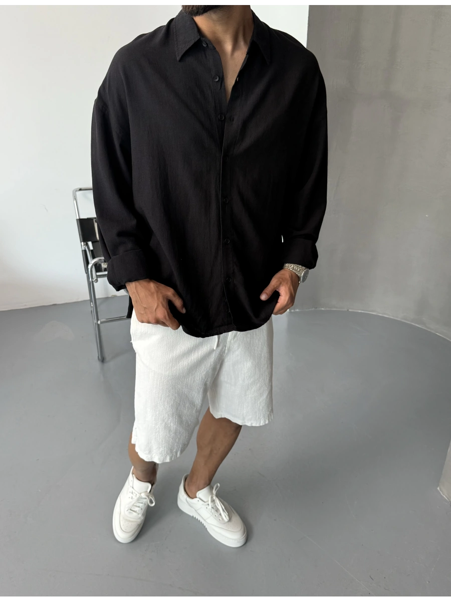 Siyah Pamuk Keten Oversize Gömlek