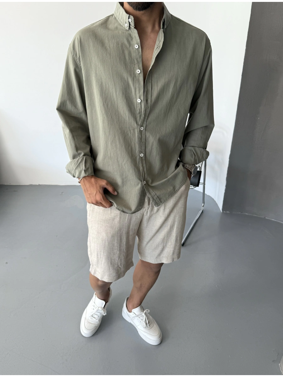Yeşil Fresh Keten Oversize Gömlek