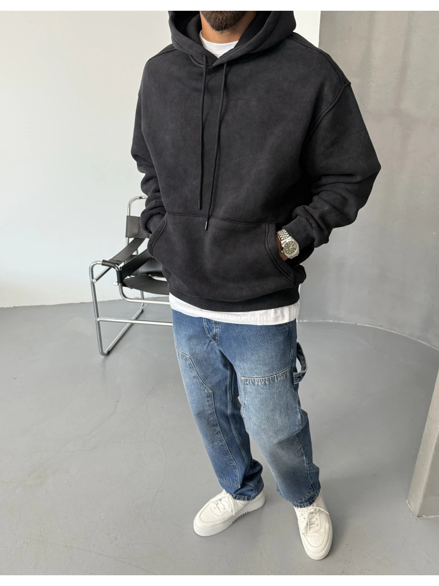 Siyah Yıkamalı Oversize Kapişonlu Sweat