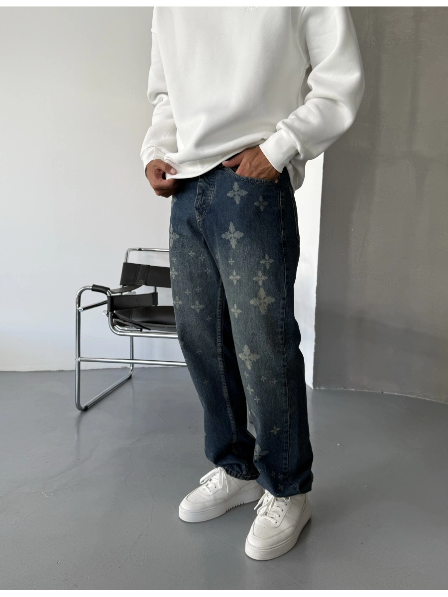Mavi Eskitme Denim Baskılı Baggy