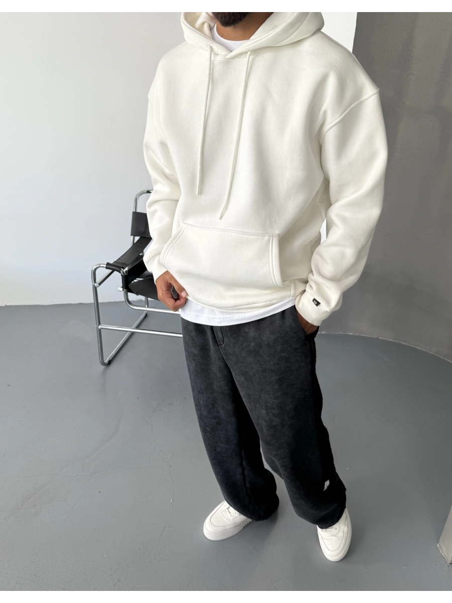 Beyaz Premium Oversize Basic Kapişonlu Sweatshirt