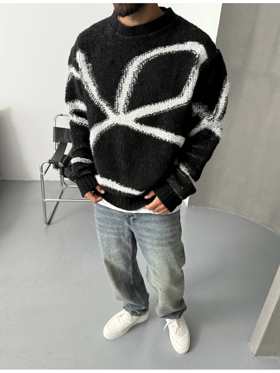Siyah Desenli Oversize Kazak