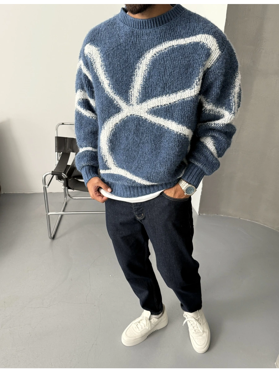 Mavi Desenli Oversize Kazak