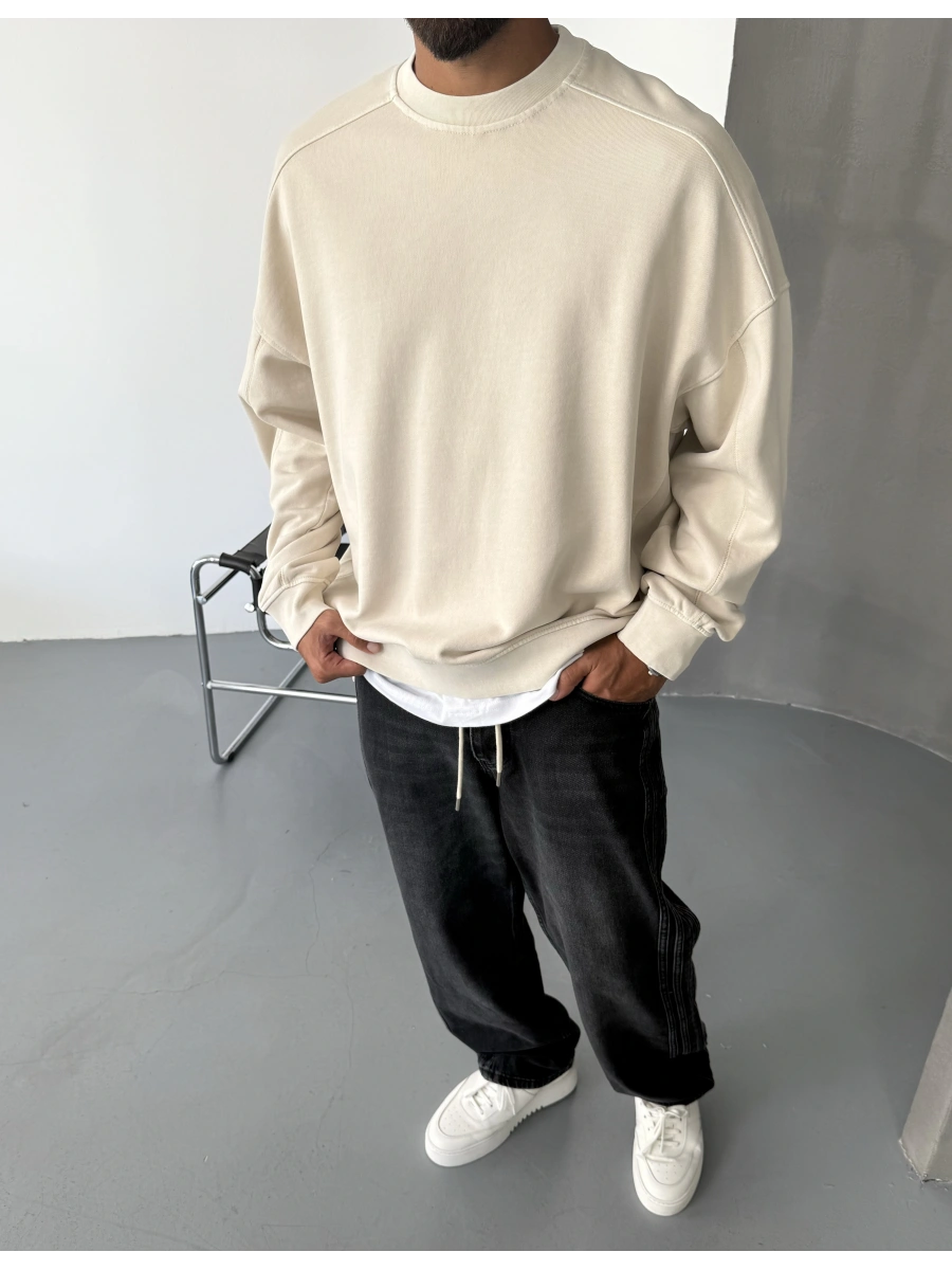 Krem Yıkamalı Premium Bisiklet Yaka Sweatshirt