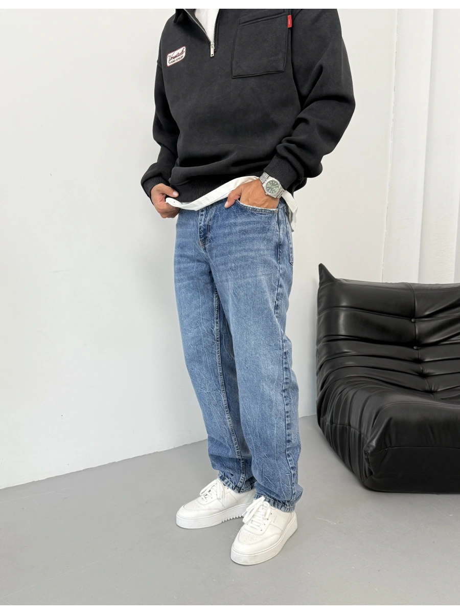 Mavi Yıkama Detay Baggy Jean