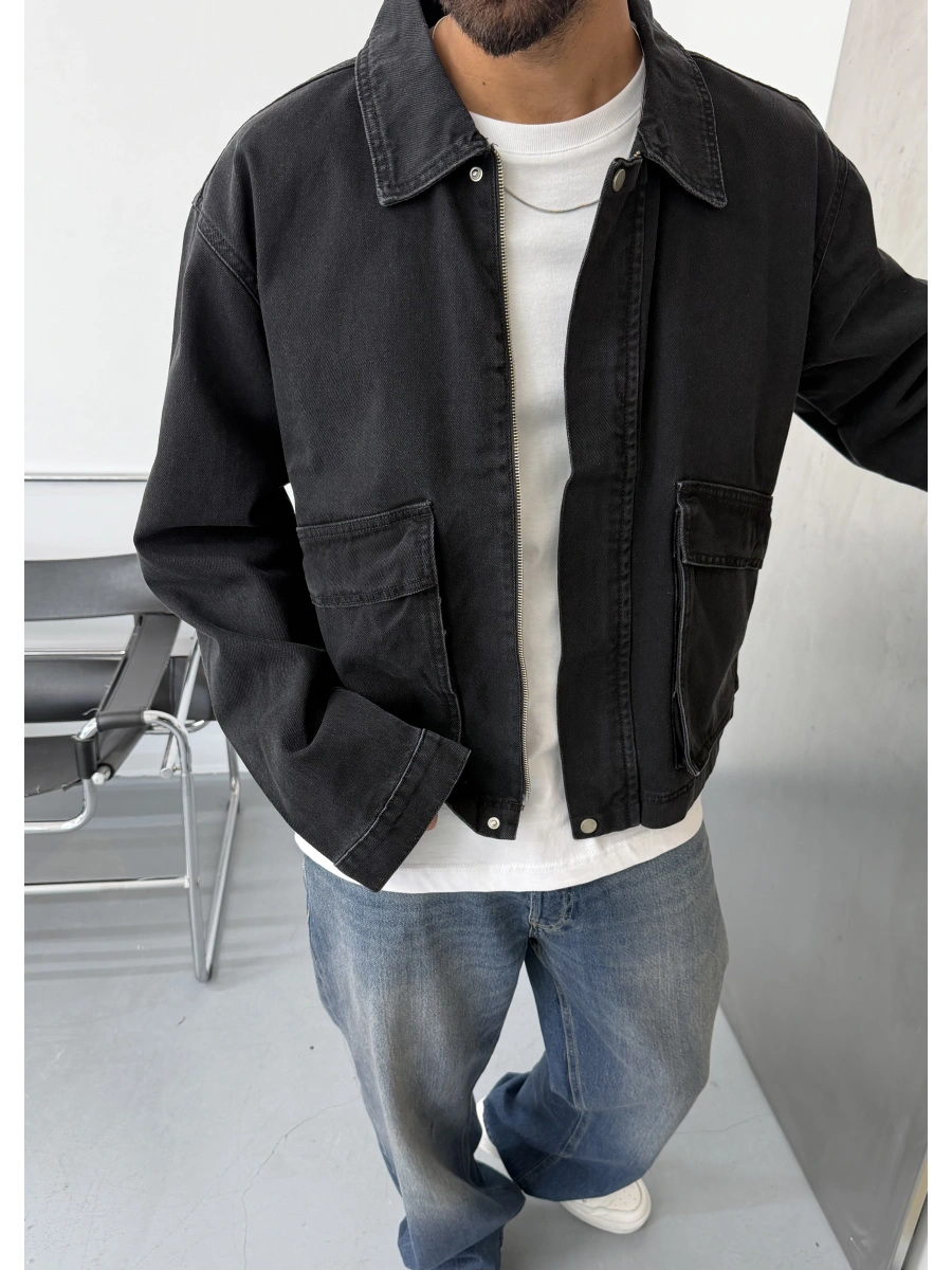 Siyah Eskitme Oversize Cepli Denim Ceket