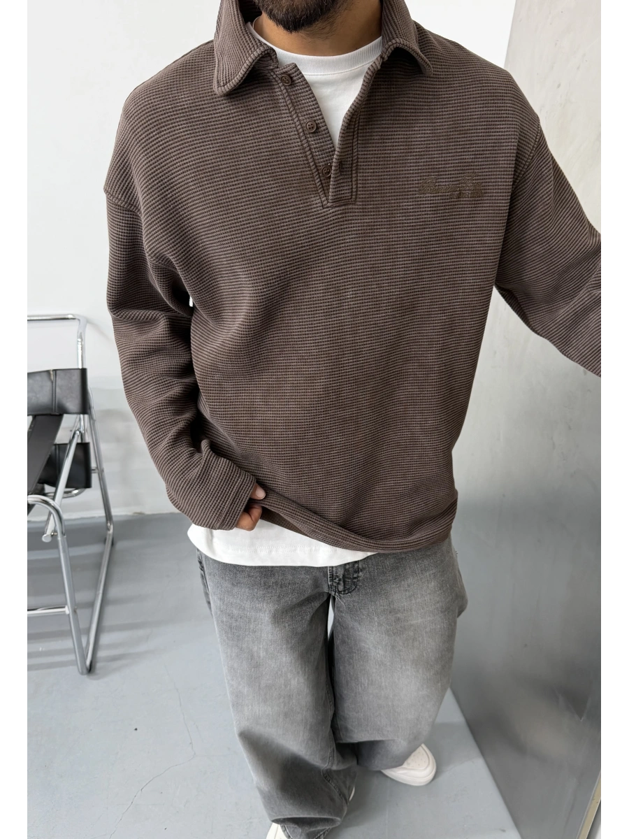 Kahve Gofre Polo Yaka Oversize Sweat